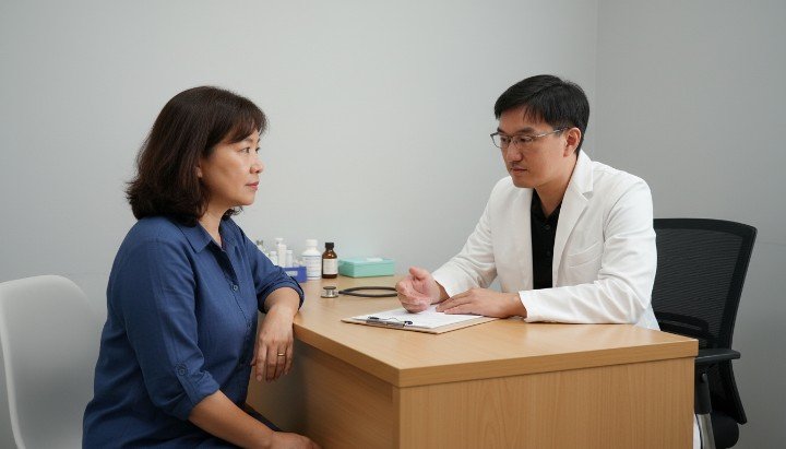 醫師專業諮詢討論如何透過正確補鈣預防骨鬆 不同種類的鈣片排列展示幫助補鈣營養選擇 富含鈣質的食物與維生素D輔助補鈣吸收圖解 更年期女性日常補鈣與負重運動預防骨鬆建議