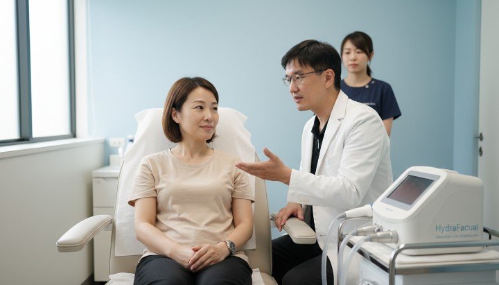 醫師進行非侵入式醫美水飛梭療程 水飛梭儀器展現非侵入式醫美清粉刺 客戶體驗非侵入式醫美療程後膚質透亮