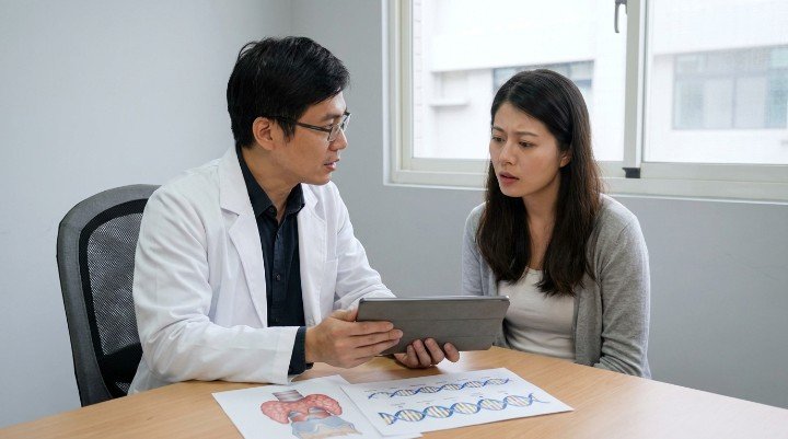 [穿著白袍的男醫師解說甲狀腺遺傳機制] [手繪風格展示女性與甲狀腺遺傳連結] [醫院診間內進行甲狀腺遺傳抽血檢測] [溫馨家庭合照強調關注甲狀腺遺傳史]