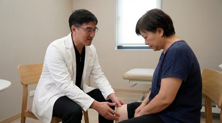 醫師看診說明退化性關節炎治療方案 患者膝蓋接受退化性關節炎PRP注射 實驗室培養修復退化性關節炎幹細胞 專業醫療設備輔助退化性關節炎診斷