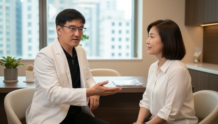 吳紹琥醫師正在為病患執行男生消除眼袋諮詢 醫學圖表詳解外開手術如何達到男生消除眼袋 熟男術後眼神重拾霸氣的男生消除眼袋成果 萊攸診所專業環境提供安全的男生消除眼袋療程