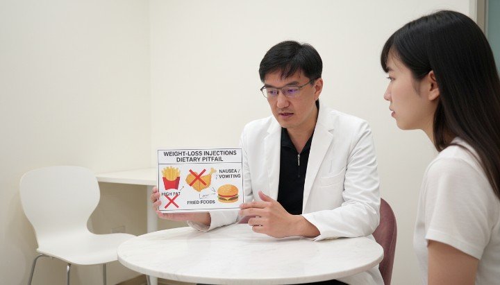 專業醫師於門診講解如何避開減肥針飲食地雷 標示禁止符號的高油脂食物與減肥針飲食地雷圖示 含糖飲料與精緻甜點造成的減肥針飲食地雷示意圖 醫師協助患者建立正確觀念避開減肥針飲食地雷