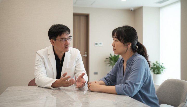 [埋線拉提適合族群]專業醫師正在為患者進行臉部評估 [埋線拉提適合族群]準新娘在診所諮詢如何改善輪廓線 [埋線拉提適合族群]醫師說明微創拉提如何改善鬆弛問題 [埋線拉提適合族群]呈現術後緊緻V臉效果的模擬示意圖