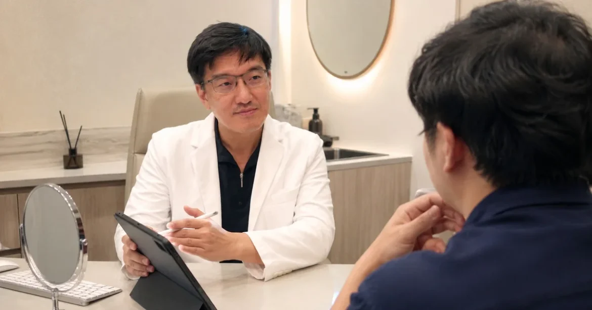 吳紹琥醫師親切說明V臉療程推薦流程，強調長期效益。